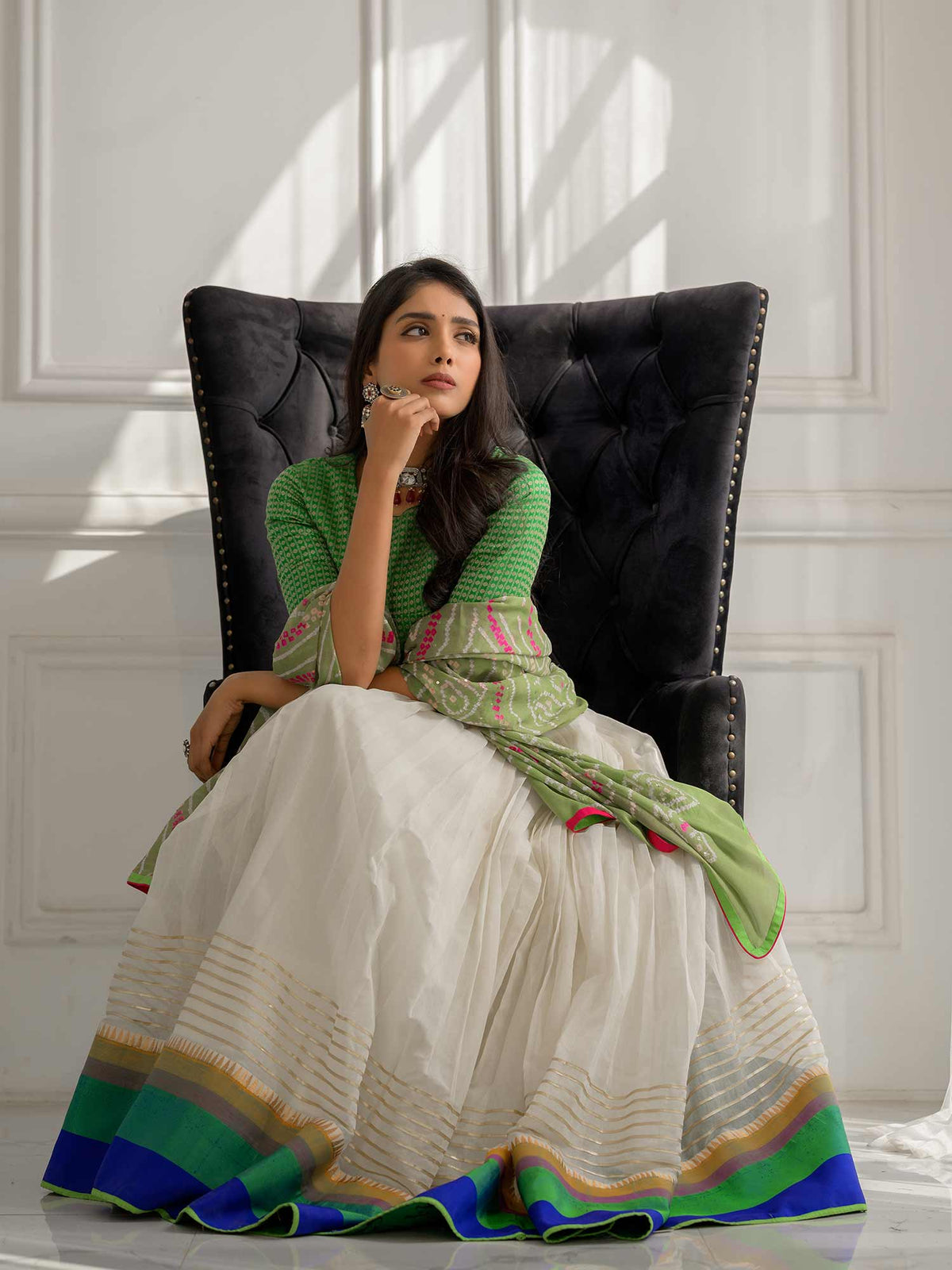 Cream Handwoven Cotton Lehenga with Kanchi Blouse and Dupatta