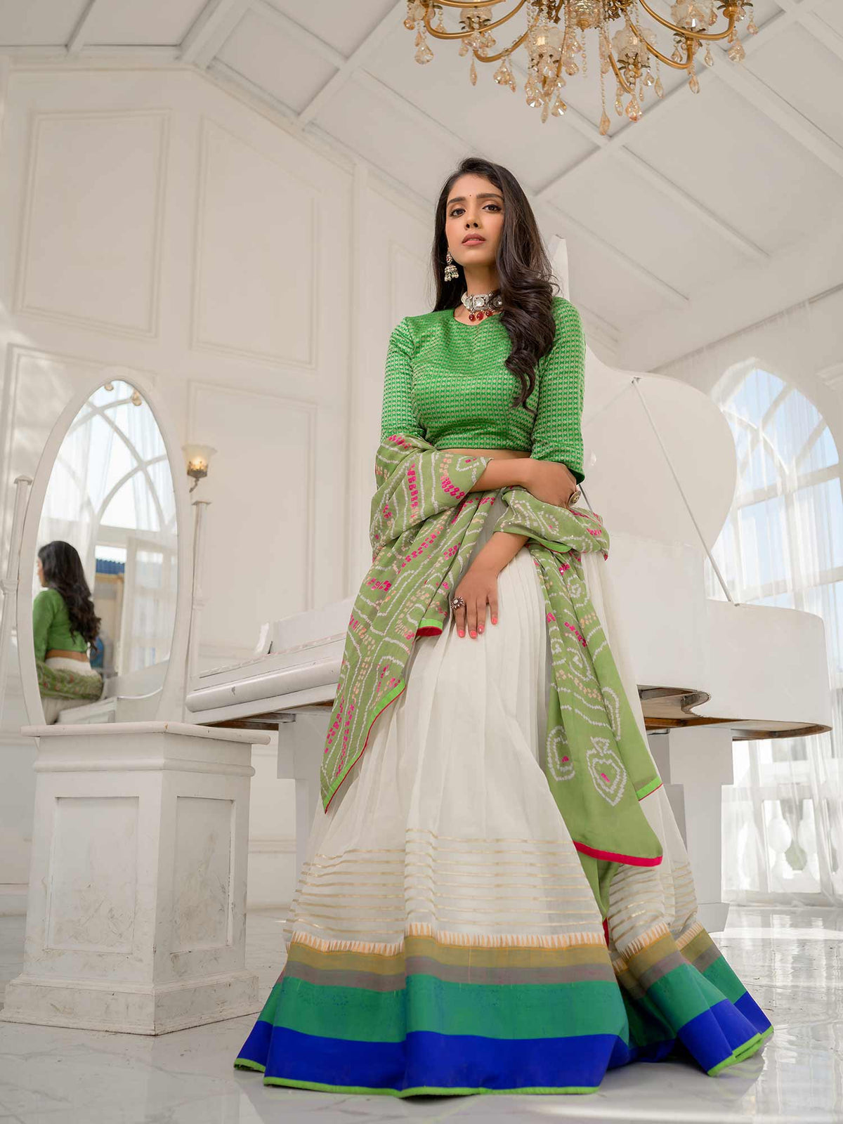 Cream Handwoven Cotton Lehenga with Kanchi Blouse and Dupatta