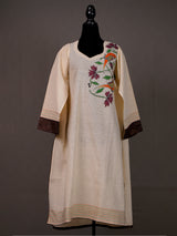 Cream Handwoven Cotton Unstitched Kurti With Floral Applique Work