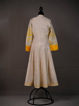 Cream Kali Long Kurti with Yellow Thread Work, Tie-n-Dye Sleeves