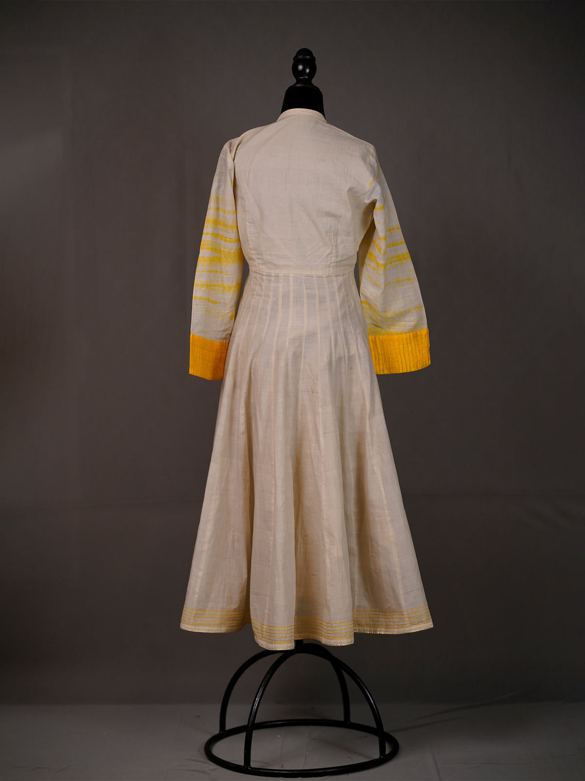 Cream Kali Long Kurti with Yellow Thread Work, Tie-n-Dye Sleeves