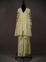 Cream Muslin Silk Pleated Top With Work On Sleeves, Printed Pants