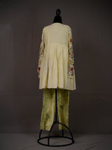 Cream Muslin Silk Pleated Top With Work On Sleeves, Printed Pants