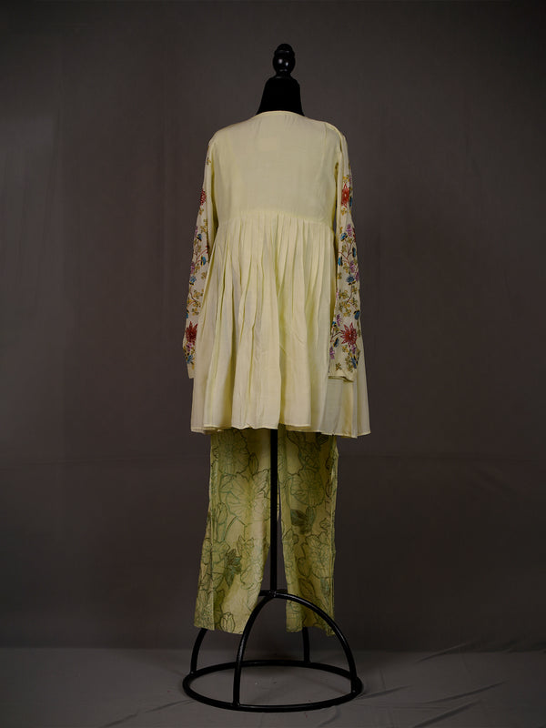 Cream Muslin Silk Pleated Top With Work On Sleeves, Printed Pants
