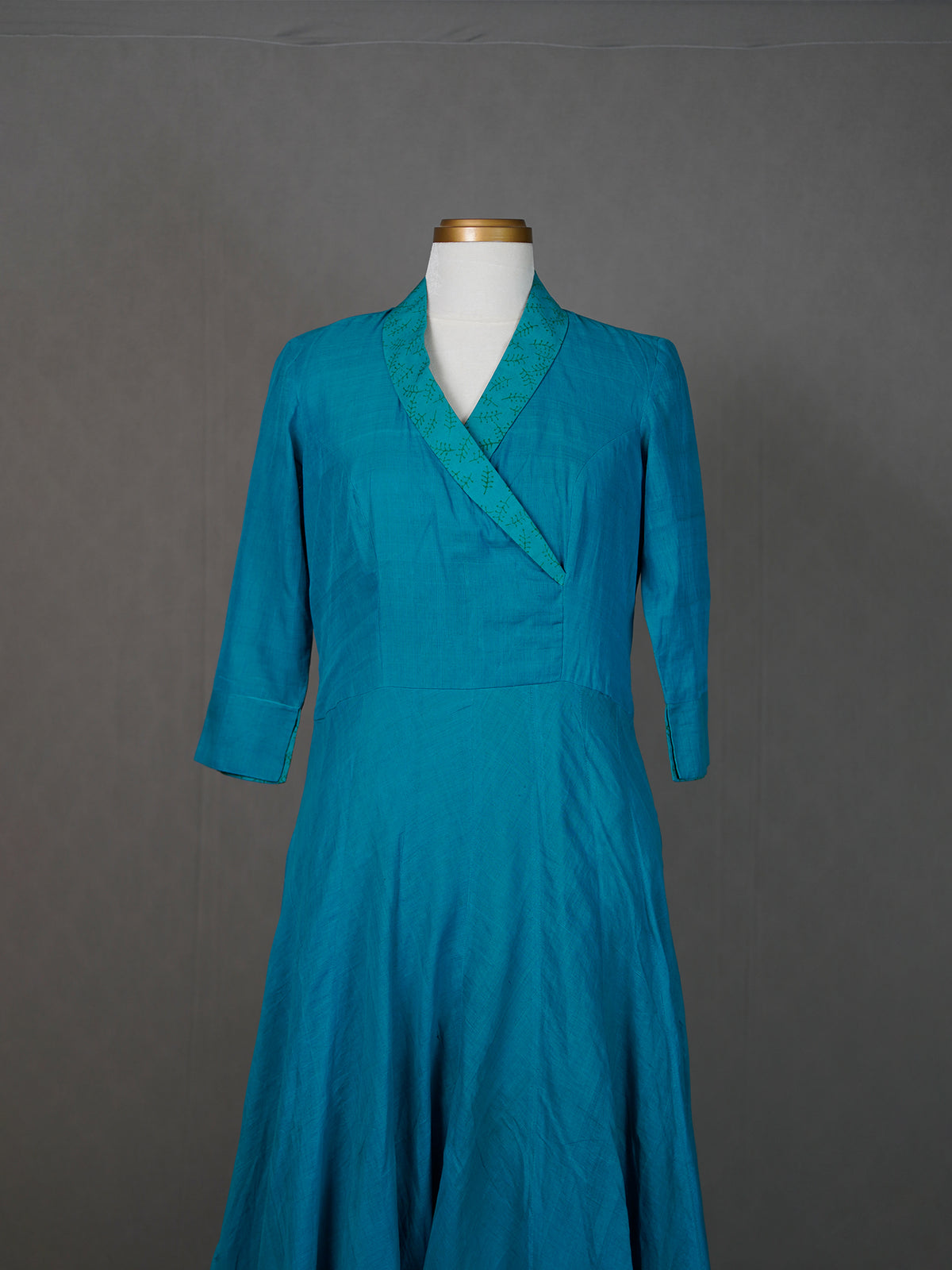 Dark Blue Handwoven Floor-Length Dress with Thread Embroidery