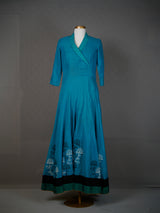 Dark Blue Handwoven Floor-Length Dress with Thread Embroidery
