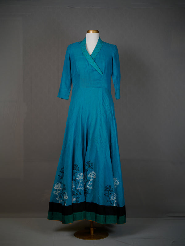 Dark Blue Handwoven Floor-Length Dress with Thread Embroidery