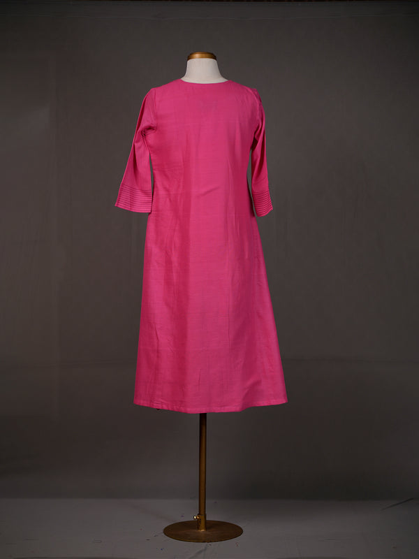 Dark Pink Cotton Handloom Plain Kurti with Pintuck Detailing