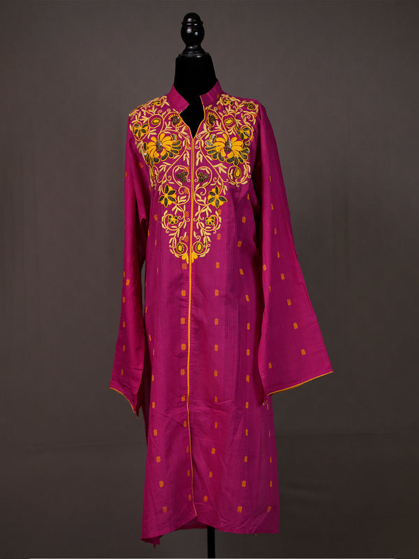 Dark Pink Handwoven Unstitched Thread Work Kurti with Chinese Collar