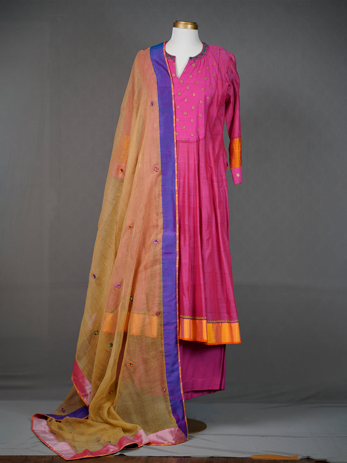 Dark Pink Kurti Pants Set with Pitta Work n Embroidery, Yellow Dupatta