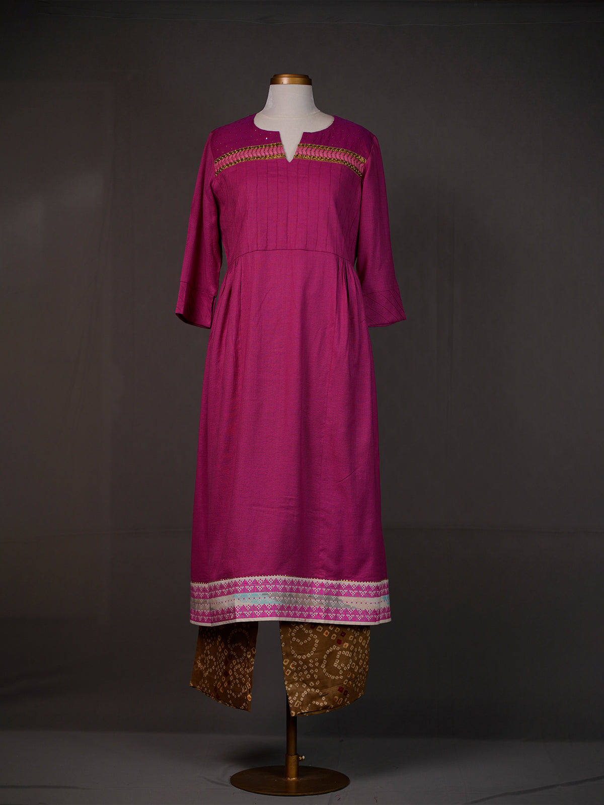 Dark Pink Kurti with Zardozi and Thread Work and Green Bandhni Pants
