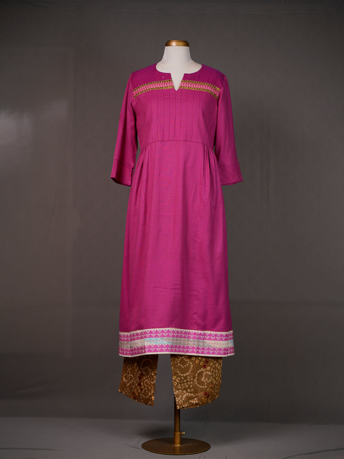 Dark Pink Kurti with Zardozi and Thread Work and Green Bandhni Pants