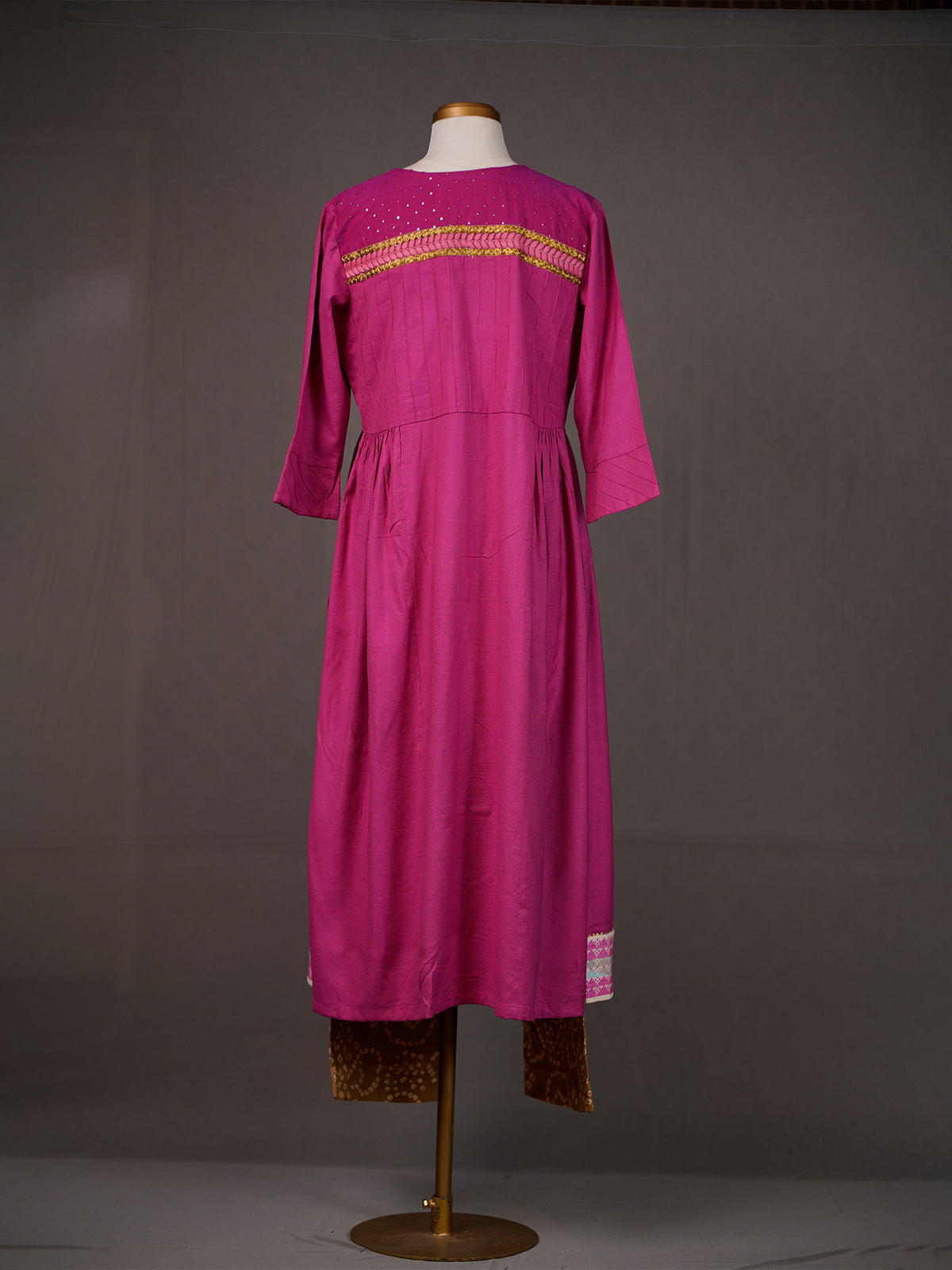 Dark Pink Kurti with Zardozi and Thread Work and Green Bandhni Pants