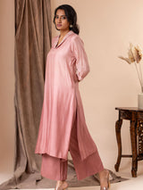 Dusky rose ombre shaded muslin straight-cut top with intricate handwork floral collar detailing, paired with matching pants.