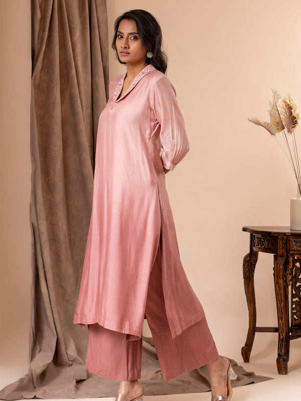 Dusky rose ombre shaded muslin straight-cut top with intricate handwork floral collar detailing, paired with matching pants.