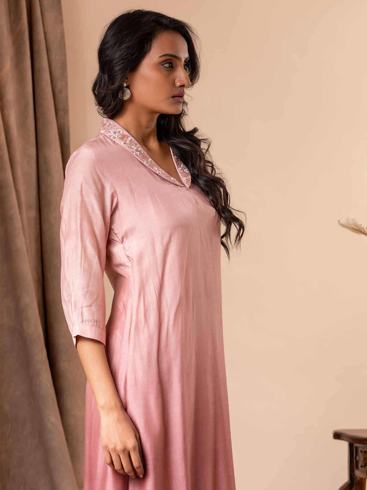 Dusky rose ombre shaded muslin straight-cut top with intricate handwork floral collar detailing, paired with matching pants.