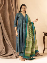 Dusky teal handwoven gathered top with thread and sequin work on the neckline, paired with a printed Kota dupatta and matching pants
