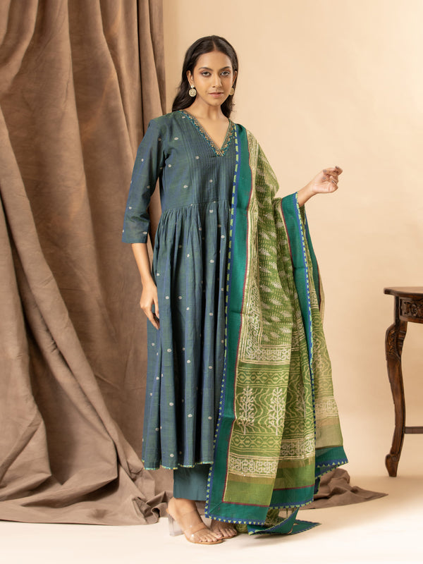 Dusky teal handwoven gathered top with thread and sequin work on the neckline, paired with a printed Kota dupatta and matching pants