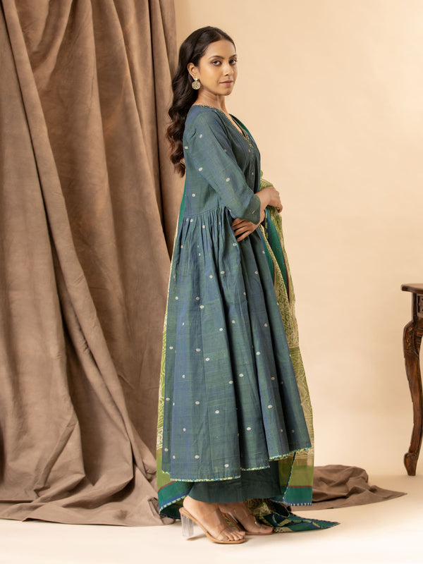 Dusky teal handwoven gathered top with thread and sequin work on the neckline, paired with a printed Kota dupatta and matching pants