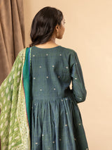 Dusky teal handwoven gathered top with thread and sequin work on the neckline, paired with a printed Kota dupatta and matching pants
