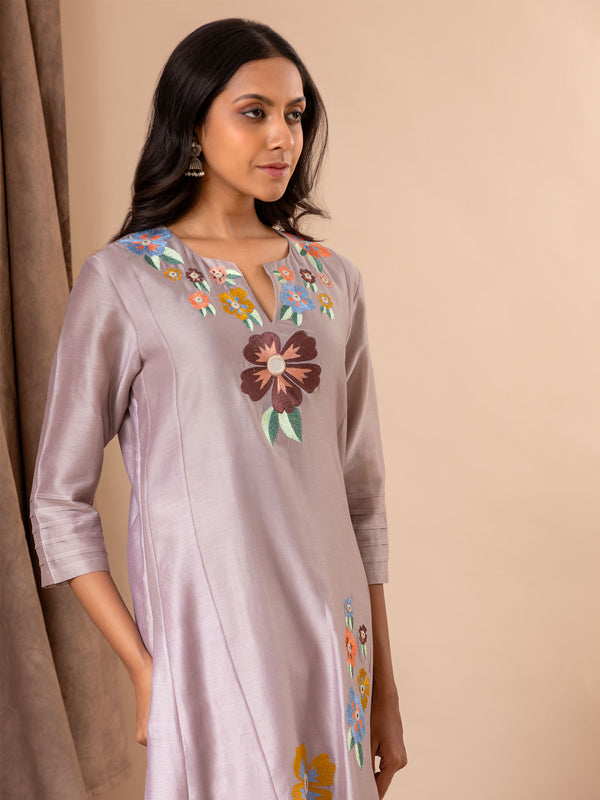 Dusty lavender Chanderi panel top with floral and mirror thread embroidery, paired with lycra stretchable pants