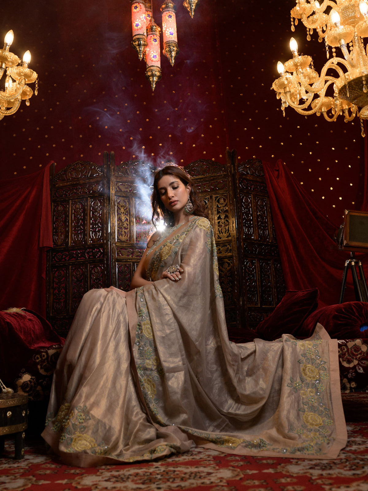Gold Silk Tissue Embroidered Sari with Raw Silk Blouse