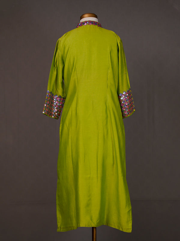 Green Chanderi Kurti with High Neck and Dazzling Sequins Work