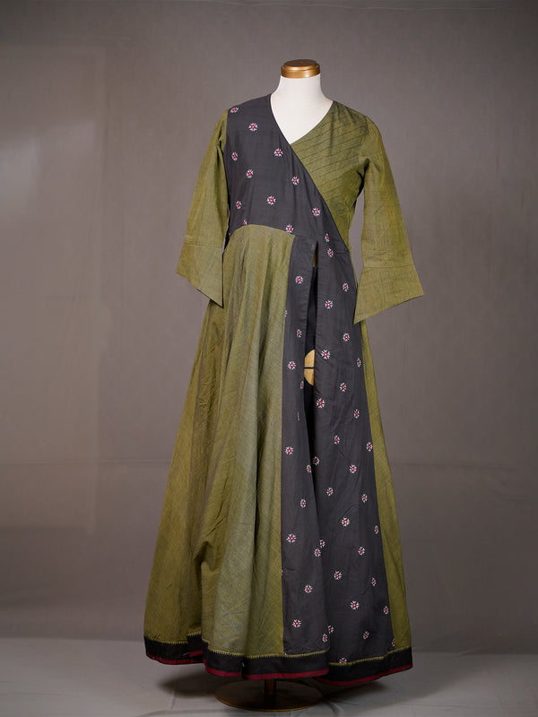 Green Cotton Kali Long Kurti with Black Work Panel, Tie-n-Dye Pants