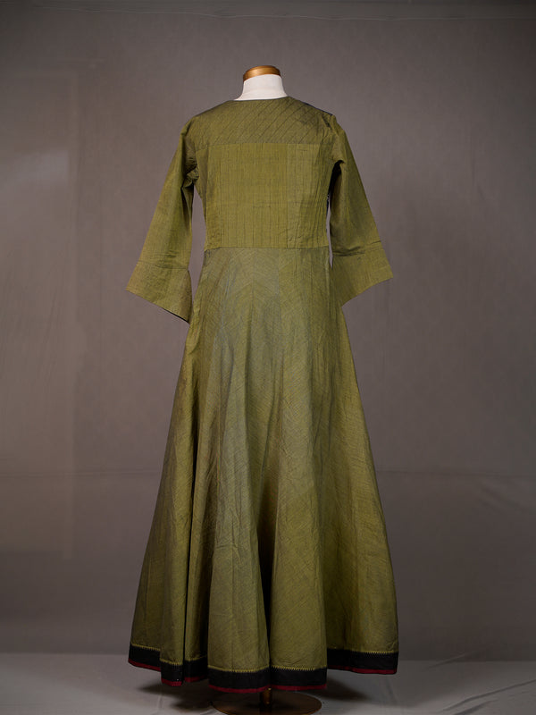 Green Cotton Kali Long Kurti with Black Work Panel, Tie-n-Dye Pants