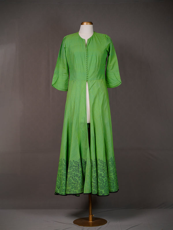 Green Cotton Long Kali Kurti, Front Open with Block Print at Bottom