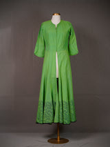 Green Cotton Long Kali Kurti, Front Open with Block Print at Bottom