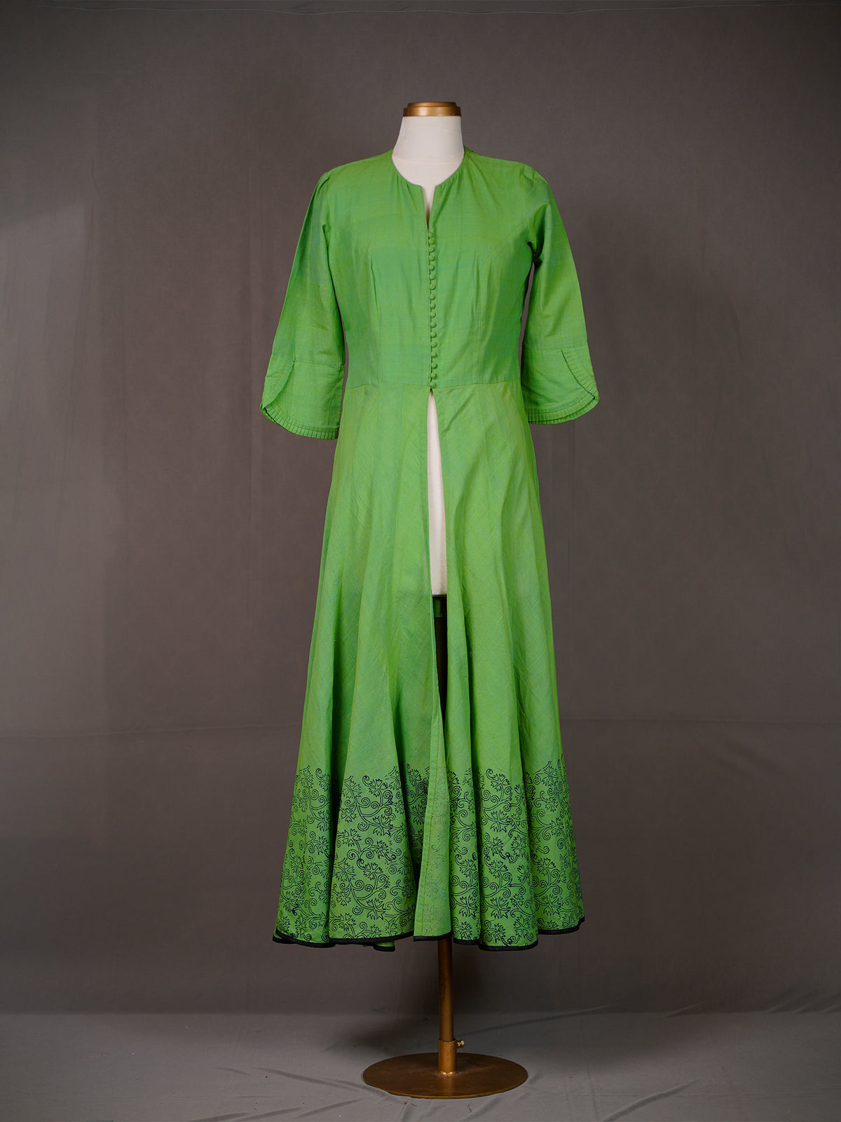 Green Cotton Long Kali Kurti, Front Open with Block Print at Bottom