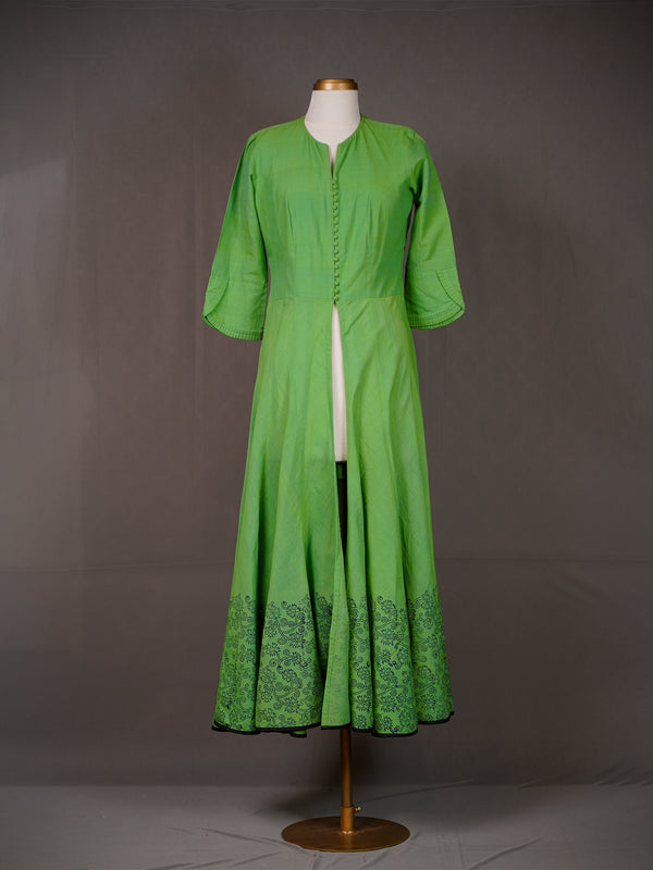 Green Cotton Long Kali Kurti, Front Open with Block Print at Bottom