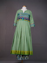 Green Kali Kurti with Kutch work, Mirrors, Front Slit, Printed Pants