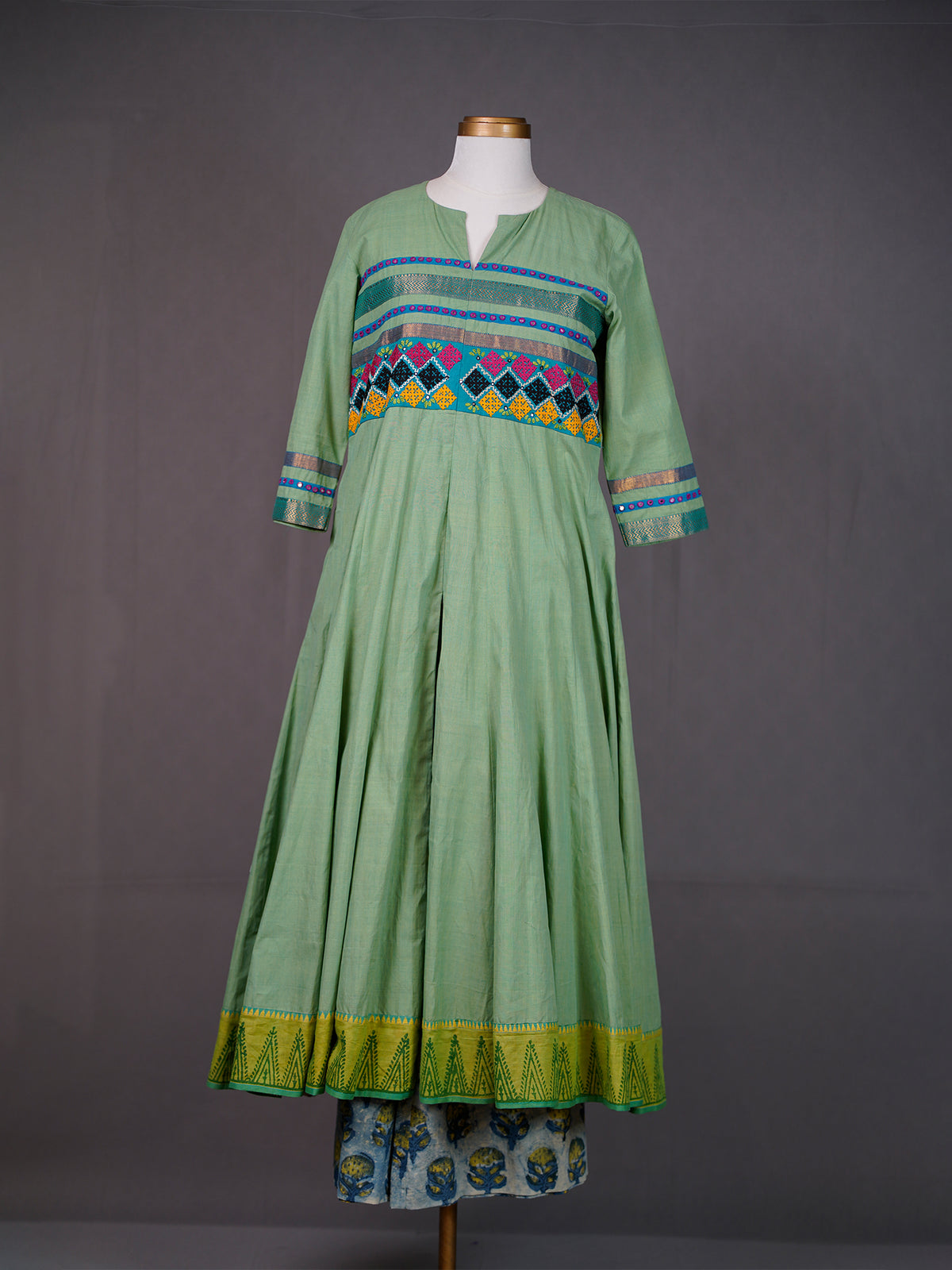 Green Kali Kurti with Kutch work, Mirrors, Front Slit, Printed Pants