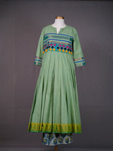 Green Kali Kurti with Kutch work, Mirrors, Front Slit, Printed Pants