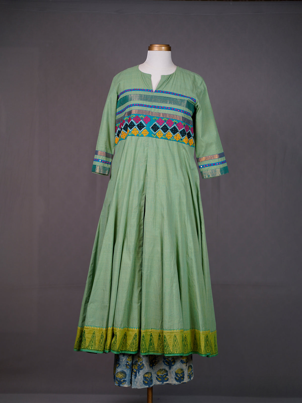 Green Kali Kurti with Kutch work, Mirrors, Front Slit, Printed Pants