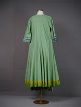 Green Kali Kurti with Kutch work, Mirrors, Front Slit, Printed Pants