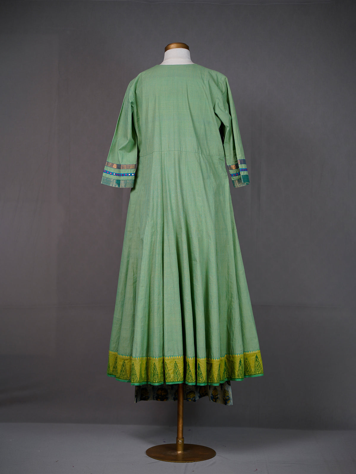 Green Kali Kurti with Kutch work, Mirrors, Front Slit, Printed Pants