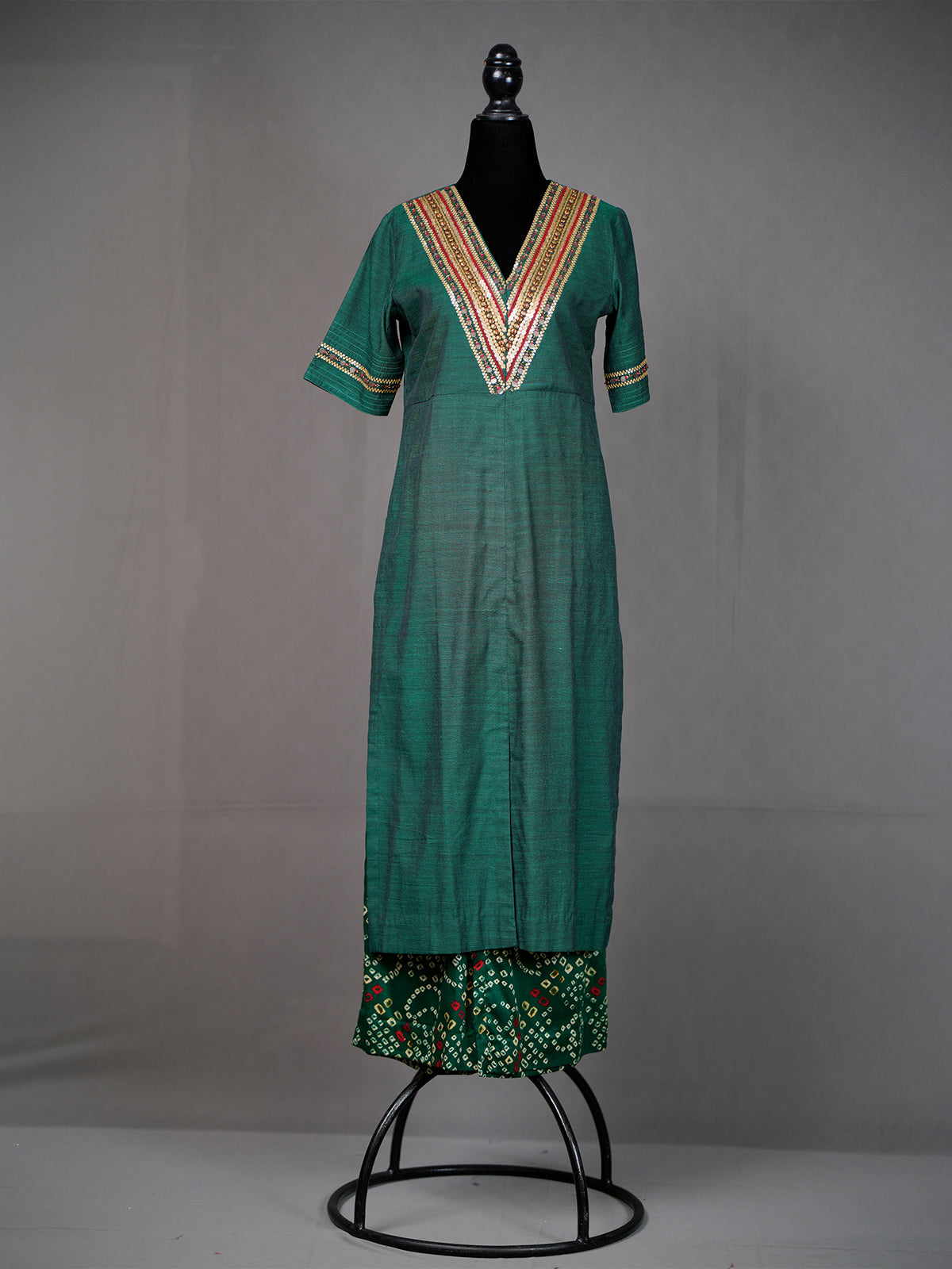Green Kurti with Rich Sequinned Deep V Neck and Bandhni Pants