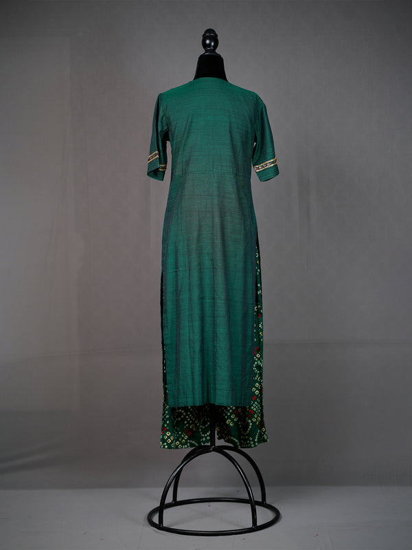 Green Kurti with Rich Sequinned Deep V Neck and Bandhni Pants