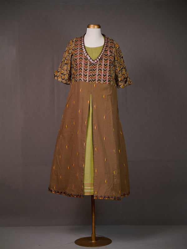 Green Sleeveless Cotton Handwoven A-Line Kurti With Kalamkari Koti