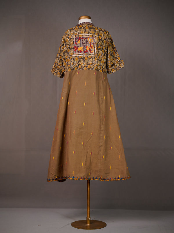 Green Sleeveless Cotton Handwoven A-Line Kurti With Kalamkari Koti