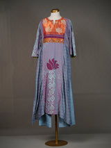 Grey Block Print Kurti with Front Panel and Contrast Yoke, Pants