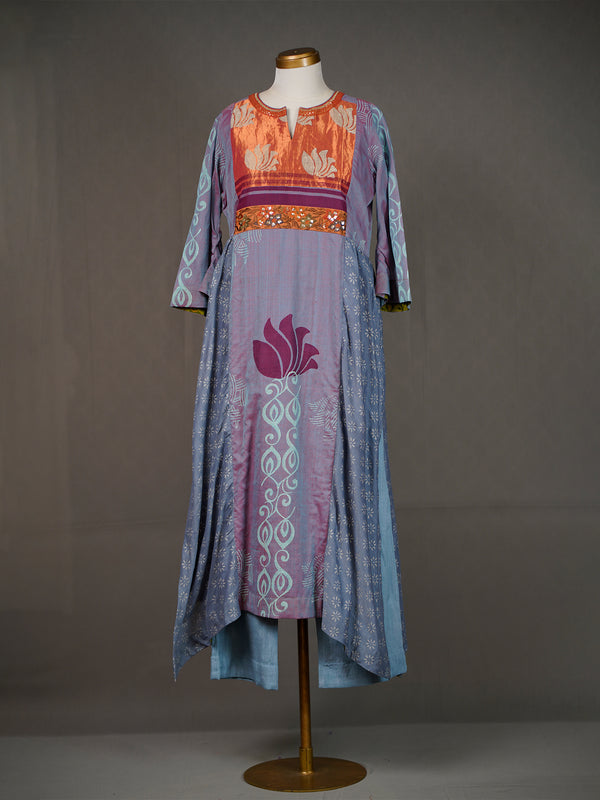 Grey Block Print Kurti with Front Panel and Contrast Yoke, Pants
