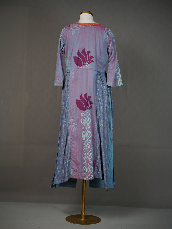 Grey Block Print Kurti with Front Panel and Contrast Yoke, Pants