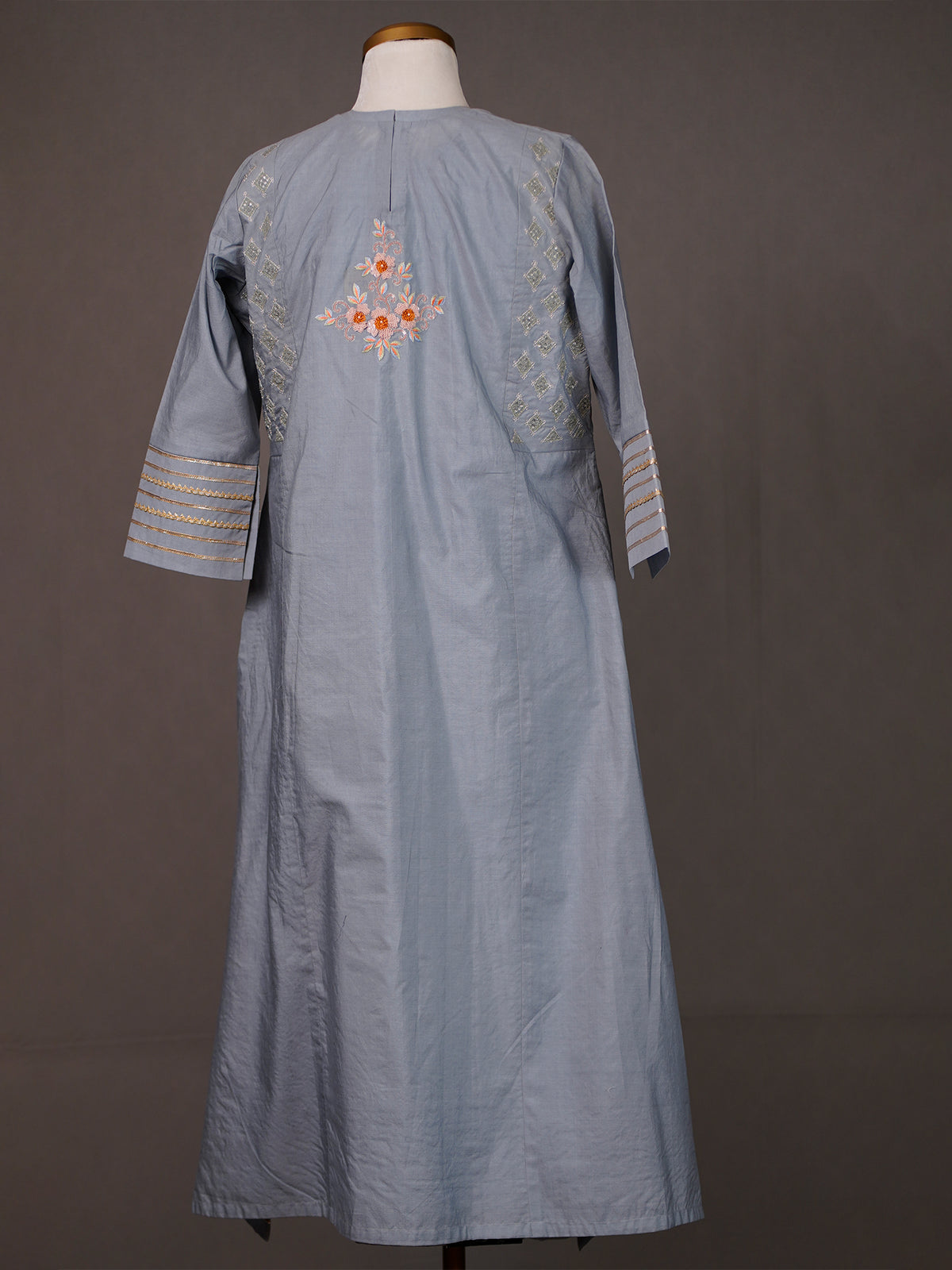 Grey Chanderi Kurti with Embroidery, Sequin Work, Zari Borders
