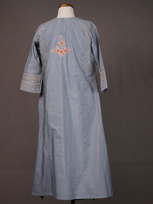 Grey Chanderi Kurti with Embroidery, Sequin Work, Zari Borders