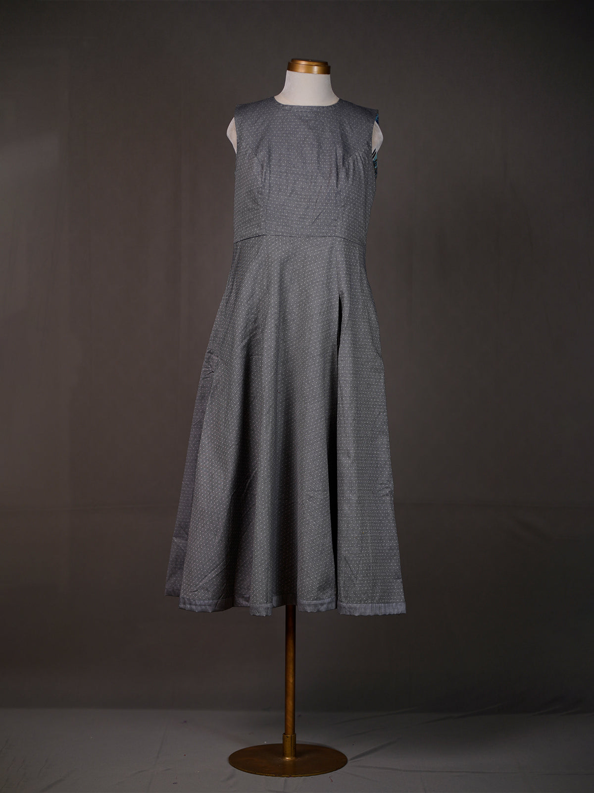 Grey Handloom Sleeveless Long Plain Dress with Box Pleats