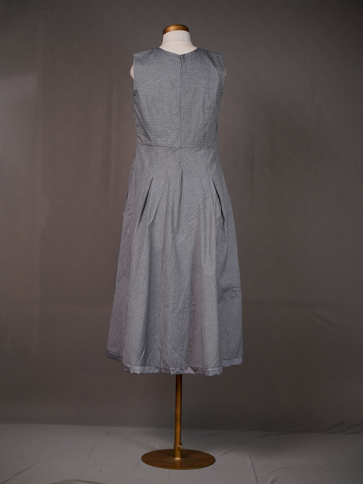 Grey Handloom Sleeveless Long Plain Dress with Box Pleats